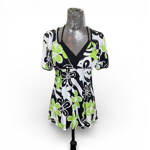 Y2K Floral Empire V Neck Halter Tie Stretch Top Small Party Retro Statement